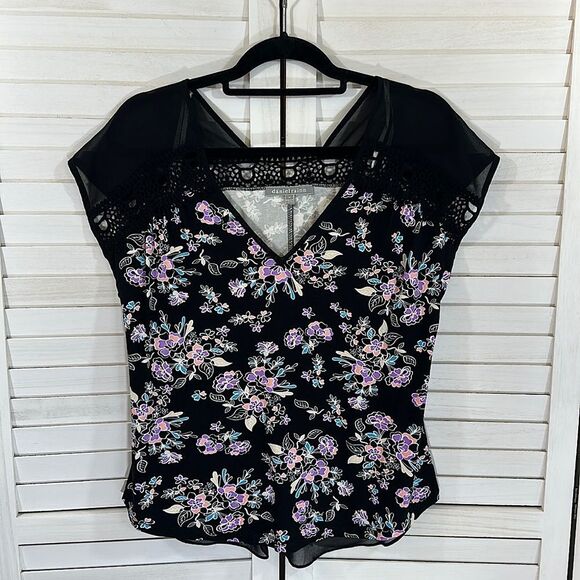 Daniel Rainn Top Medium Black Floral Cap Sleeves NWOT - Picture 2 of 15